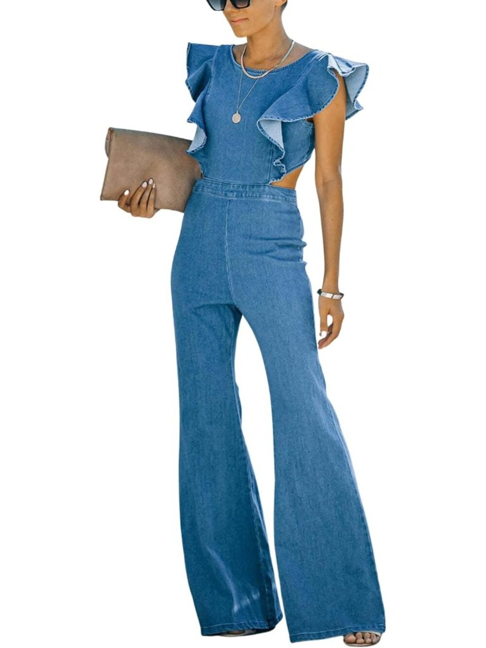 Women's Blue Wide Leg Denim Overalls Flared Denim Jumpsuits Stretchy Jean Romper